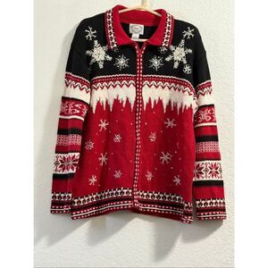 VTG Stitches in Time Snowflake Christmas Sweater Zip Cardigan Red  L beaded